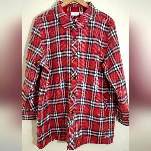 Jingle Belles by Kim Gravel Sequin Plaid Lumberjill Shacket - Picture 2 of 7